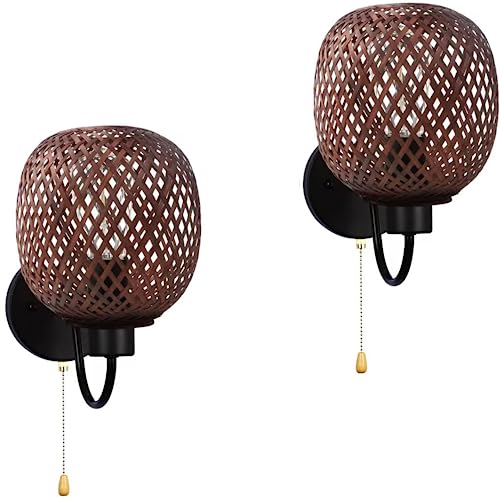 Aplique de Pared de ratán de bambú con Interruptor de Cadena, rústico, Hecho a Mano, para Pasillo, Cocina, Sala de Estar, Dormitorio, Pasillo, escaleras y Hotel (Beige, Juego de 1) (Negro, jue