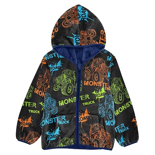 Image of Aflyko Boys' Fleece Monster Truck Car Neon Rock Zip-Up Hoodie Long Sleeve Outerwear Soft Coat Girls Hooded Jacket Kids Outwear Warm Comfy Sweatshirt 7-8T