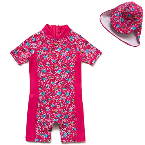 Mazuliso Bébé Fille Maillot de Bain Une pièce Manches Courtes UPF50+ avec Une Fermeture éclair avec Un Bonnet(Rosa,98-104 CM)