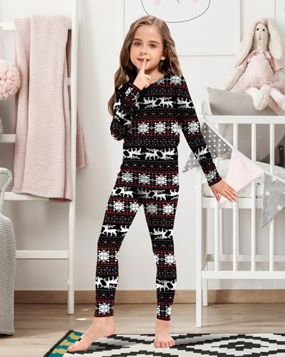 Silkfly 2 Pack Girls Thermal Underwear Set Fleece Lined Thermals Top and Bottom Base Layer for Girls Winter(Medium,Black, Christmas Colors)4