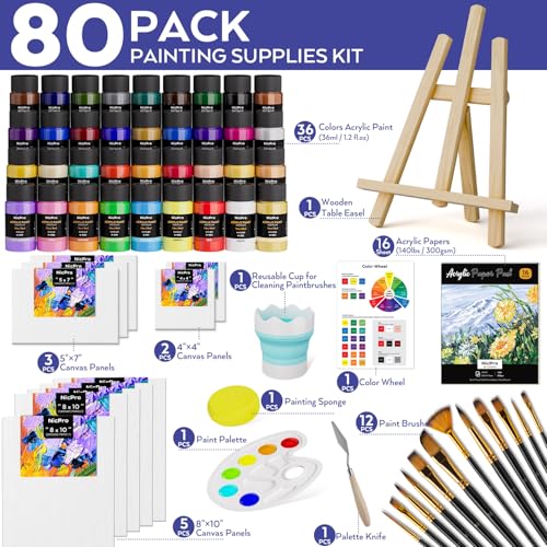 Nicpro Acrylic Paint Canvas Set for Adults, 80PCS Art Painting Supplies Kit with 36 Paints(36ML), Table Wood Easel,10 Canvas Panels,12 Paint Brushes,Paper Pad, Cup, Palette for Beginner Artist Adults - Image 2