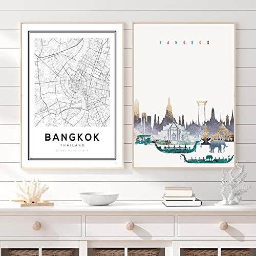 Tongda Decor Póster de mapa de ciudad de Tailandia, horizonte de Bangkok, impresiones artísticas de pared modernas de viaje, cuadro decorativo para el hogar, pintura en lienzo, 55x82x2 uds, sin marco