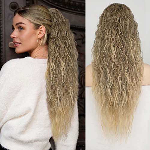 Rosooi 26 Inch Long Drawstring Ponytail Extension for Women Synthetic Long Curly Wavy Clip in Ponytail Hair Extensions for Daily Party Use (26 Inch, Ash Brown to Golden Blonde)