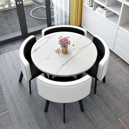 5-Piece Round Dining Table Set - Modern Solid Wood & Marble Table with 4 Cotton & Linen Chairs 80x75cm/W31.5xH29.5in Stylish Home Furniture Easy Assembly