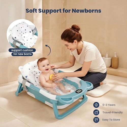 Image of TINSY Foldable Baby Bath Tub with Built-in Water Thermometer & Soft Head Support Pillow | Portable Newborn Bathtub | Anti-Slip Legs | Space-Saving Infant Bath Tub for Babies & Toddlers | Misty Blue
