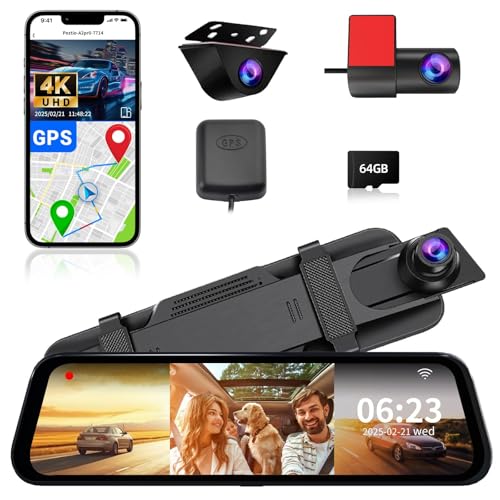 3-Channel Mirror Dash Cam 4K+2.5K, GPS, Night Vision, 64GB