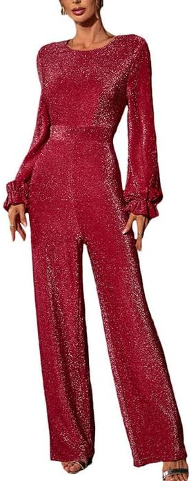 [PxshEisua] 女性用エレガントな赤いスパークリークルーネックバックレスフリルエラスティックスリーブハイウエストジャンプスー