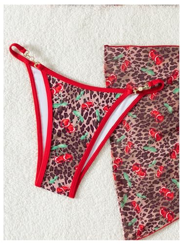 SOLY HUX Women's 3 Piece Swimsuit Leopard Cherry Print Halter Bikini Set Bathing Suit with Sarong Wraps Cover Up4