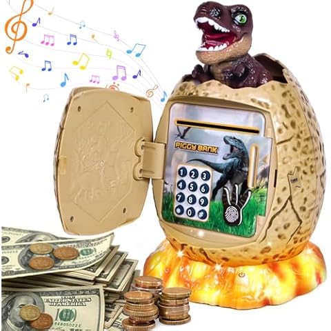 Refasy Kids Toys,Electronic Piggy Bank for Kids Dinosaur ATM Piggy Bank Password Cash Coin Can Money Bank Toy for Children with Music Best Birthday Gifts for Boys Girls 6-10 Year Old Brown Cover