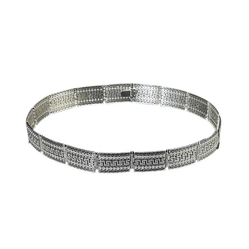 Cinturón de metal con diseño llave griega, cadena diamantes imitación for mujer, cinturón vestir a tono for bodas y ocasiones formales