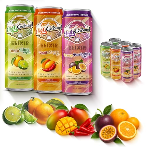 High Ground Elixir Mushroom Seltzer – Variety Pack | Lion’s Mane for Focus, Reishi for Stress, Cordyceps, Chaga, Turkey Tail, L-Theanine | Adaptogen Drink | Low Cal, No Added Sugar, 12oz Cans, 6 Pack