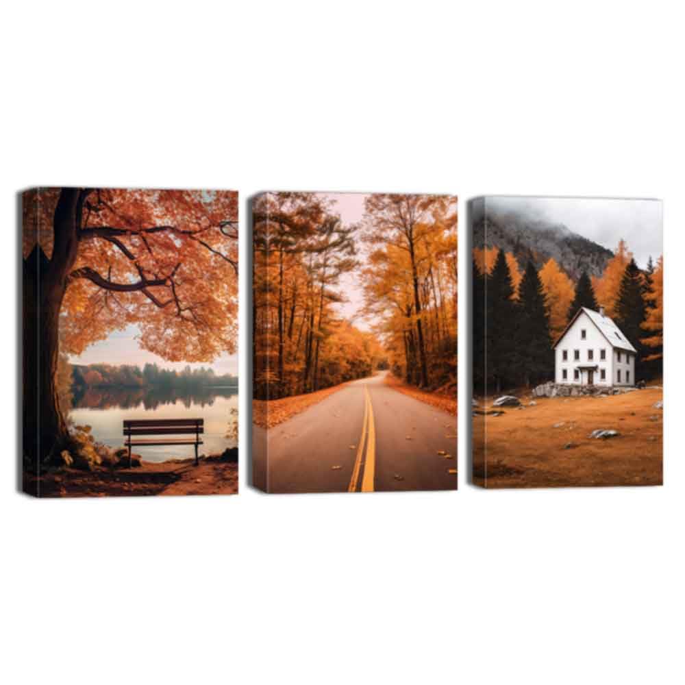 ZQQART 3 Pairs Autumn Canvas Wall Art Maple Trees Tree Forest Road Picture Prints Fall Natural Landscape Painting Living Room Decor Framed(Yellow,12.00"x16.00"x3Pcs)