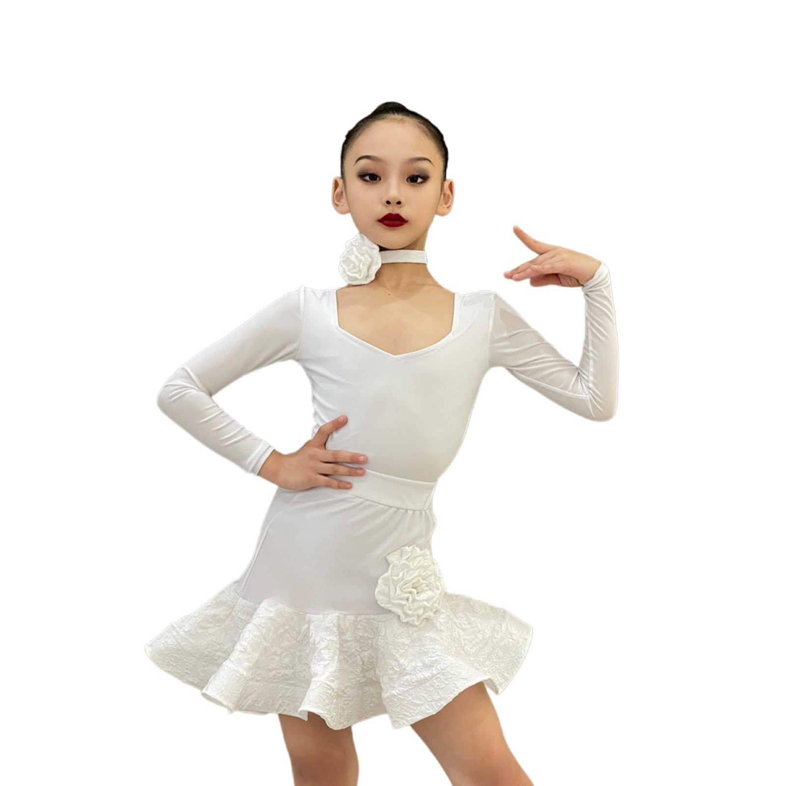 Abito Da Ballo Latino For Ragazze,Body A Maniche Lunghe E Gonna Con Volant | Autunno Inverno For Bambini For Rumba Samba Cha Cha Tango,Completo Da Ballo For Performance Competizione