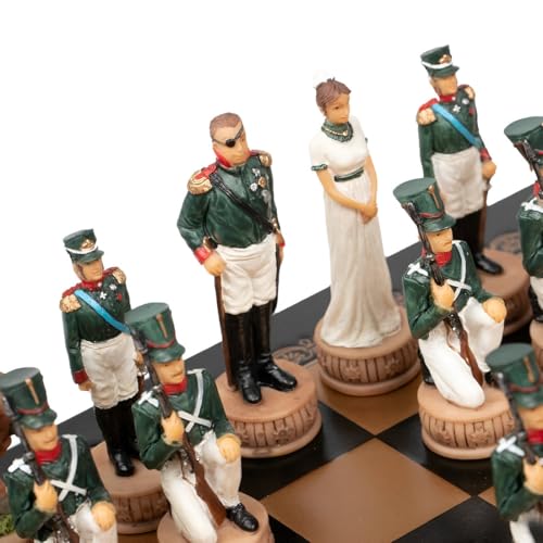 Napoléon en Russie échiquier cuir et jeu d'échecs historique peint à la main