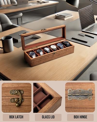 Image of Watch Box for Men and Women - Large Glass Lid, Wooden Display Storage Case With 6 Slots, Retro Burlywood Organizer
