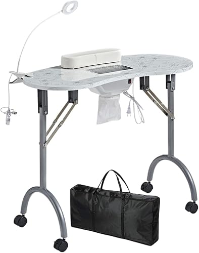 Miniatura 9 de LOVELOGY Mesa de manicura portátil, escritorio de uñas con 4 cerraduras con ruedas, escritorio de manicura para tecnología de uñas con luz LED y
