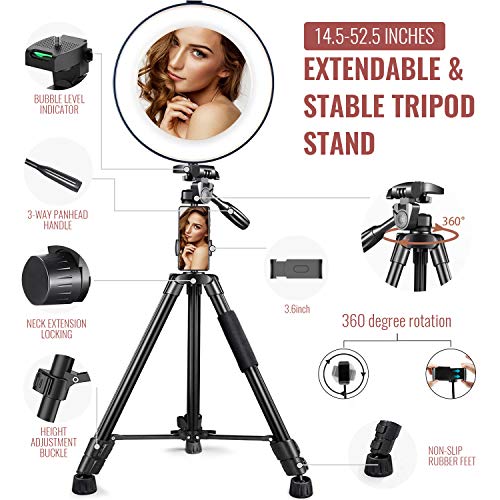 10" Ring Light with Stand and Phone Holder, HQOON Upgraded LED Selfie Ringlight with 52" Extendable Tripod Stand for Makeup/Photography/Live Stream/Video Recording, Compatible with Phones and Cameras - Thumbnail 7
