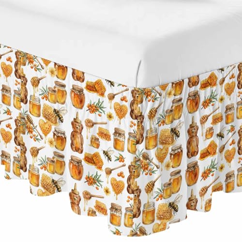 Golden-Yellow Honey Bears Bed Skirt Cal King Size 18 Inch Drop, Adjustable Elastic Bedskirt Dust Ruffle for Cal King Bed, Cartoon Bees Sweet Watercolor Wrap Around Bed Skirts Pleated Bed Frame Cover