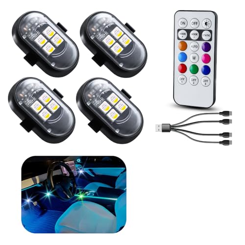 VANKUB Upgraded 4PCS Wireless LED Lights for car with Remote, Rechargeable Waterproof 8-Color Interior Car Light, Mini LED Strobe Lights for Vehicle Drone Motorcycle Bike