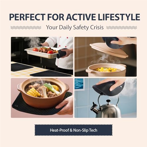 NICESOPIN 4 Pack Silicone Pot Holders & Hot Pads - Heat Resistant Non-Slip Mats for Kitchen Countertops, Trivets for Hot Dishes, Dishwasher Safe & BPA-Free (Black) - Thumbnail 2