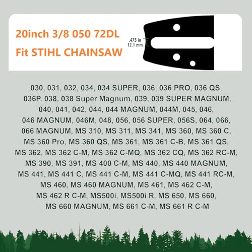 20 Inch Chainsaw Bar and Chain Combo, Replacement for Saw Chains, 3/8\" Pitch, 050\" Gauge, D025 Mount, 72 Drive Links Fits Stihl 030 036 MS360 MS660 MS361 044 MS441(4 Chains +1 Bar)