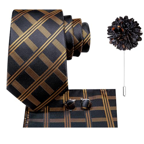 Image of Hi-Tie Formal Black Gold Plaid Ties for Men Necktie Lapel Pin Pocket Square Cufflinks Sets Formal Business Wedding