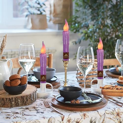 Image of Purple Flameless Short Taper Candles, Real Wax Hand Dipped LED Battery Operated with Remote, Flickering Flame Lights for Festival Party Home Decor, 6.7 Inch Primitive Flameless Candles, 2PCS