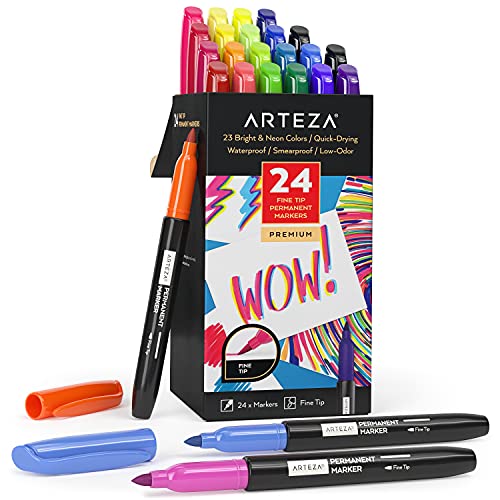 Arteza Colored Permanent Markers, Set Of 24 Fine Tip Paint Pens, 23 Bright And Neon Colors, Waterproof Rock Painting, Art And Craft For Plastic, Stone, Glass, Wood, Ceramics, And Metal #TOP13