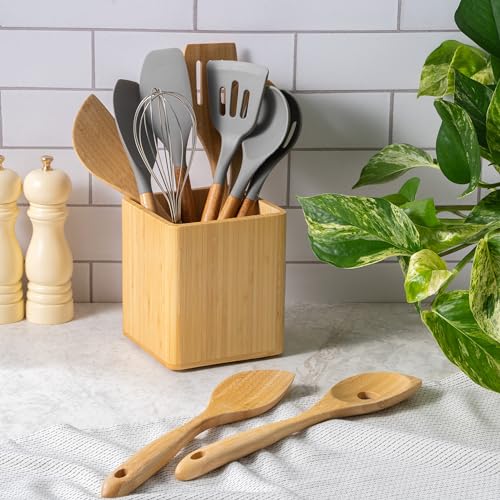 Dehaus® Large Wooden Utensil Holder, Bamboo Kitchen Utensils Holder, Countertop Utensil Pot, Cooking Utensils Organiser, 14 x 14 x 16.5cm (H) - Image 5