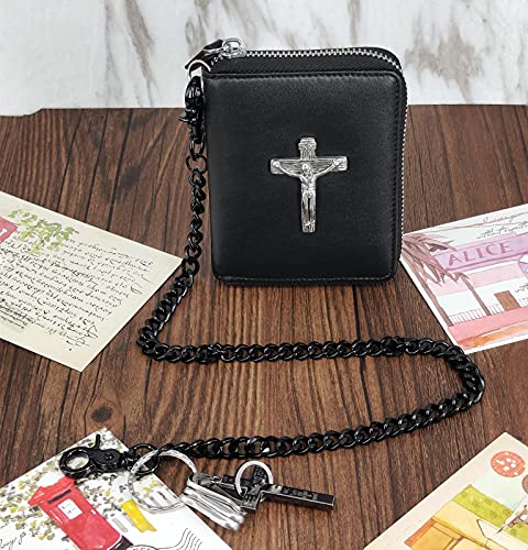 ABC STORY Mens Vintage Gothic Jesus Cross Biker Wallet with Zipper Coins Pocket Black4