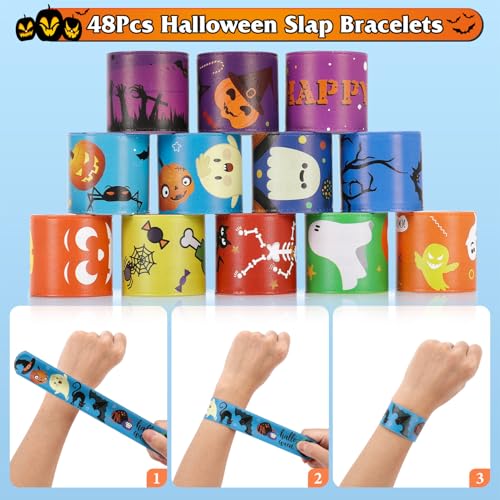 image for SKINOSM Halloween Party Favors for Kids, 48 PCS Halloween Slap Bracele