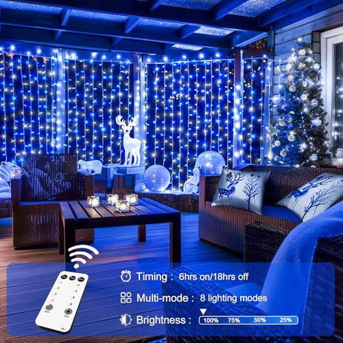 Image of JMEXSUSS 300LED Christmas Curtain Lights Plug in, Blue and White, 9.8x9.8ft
