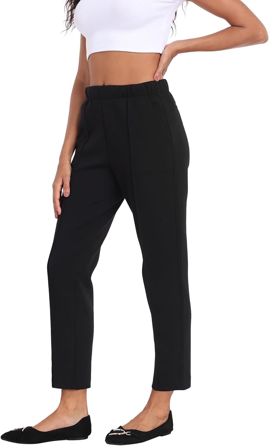 Women's Work Casual Pants Women Pull On Pintuck Slacks Trousers Stretchy Sweatpant with Pockets - Image 2