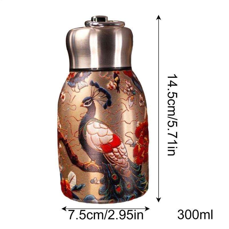 Image of Mini Vacuum Insulated Water Bottle 300 ml, Double Wall Stainless Steel Thermal Flask with Decorative Peacock Print, Compact Travel Mug for Office, Gym, School, Hiking and Daily Carry