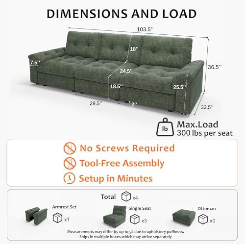Image of Oversized Modular Sectional Sofa with Storage, Modern Deep Seat Cloud Couch for Living Room, L-Shaped Large Sectional Couch, 3 Seater, Green