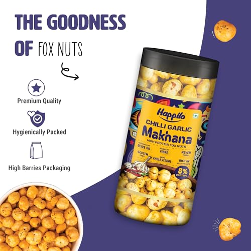 Image of Happilo Makhana Chilli Garlic Jar 80g, Roasted Foxnut Healthy Snack Low Calorie and Vegan (Pack of 5)
