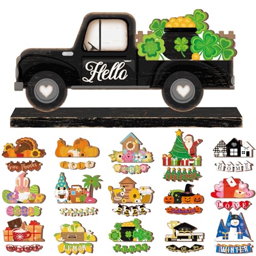 Anglechic 34 Pcs Small Interchangeable Truck Decor St. Patrick's Day Table Sign Seasonal Farmhouse Holiday Decorations for All Seasons Rustic Wooden Home Office Desk Accessories Tiered Tray Decor Gift