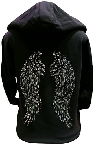Black and Silver Rhinestone Angel Wings Long Sleeve Hooded Zipper Sweater Black (XL)