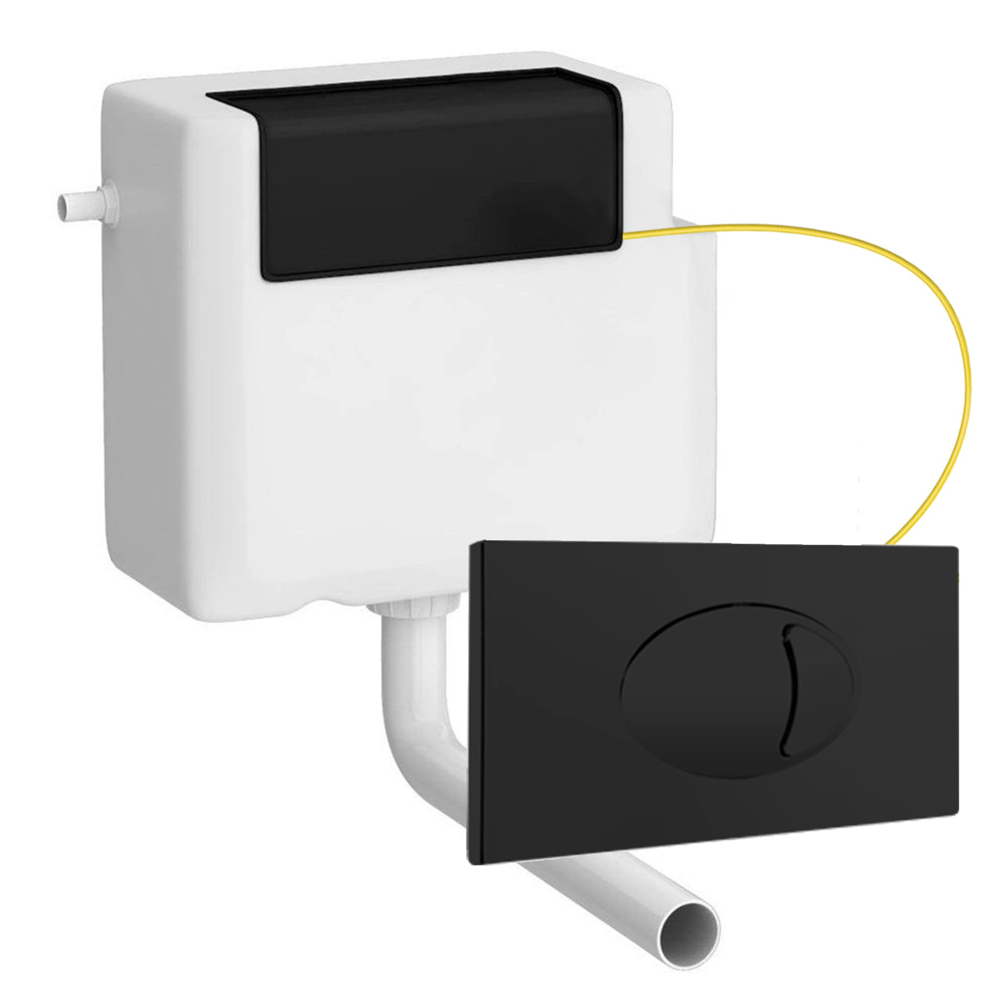 Dual Flush Concealed Cistern with Matt Black Push Button Cable & Pipe | Front & Top Access Cistern | Modern Bathroom Universal Water Saving Dual Function Cistern with Black Plastic Lid - 400 g