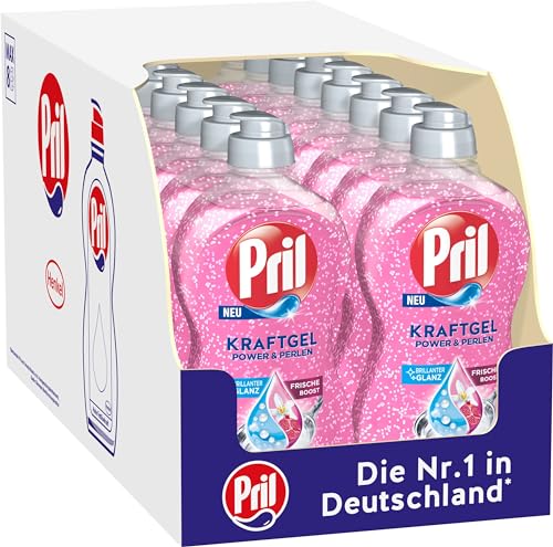 PRIL Kraft Gel Power & Perlen (16 x 450 ml), Detergente para lavavajillas a mano con alto poder desengrasante, para vajilla limpia con brillo brillante y frescura
