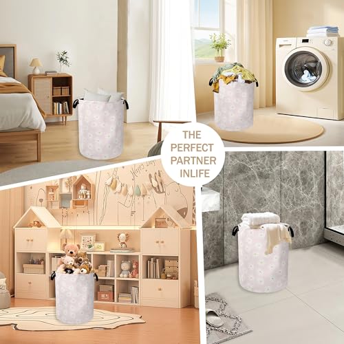 Image of Pink Daisy Flower Laundry Hamper,Spring Floral Clothes Hamper for Laundry,Waterproof Oxford Toy Storage Collapsible Hampers for Bedroom, Dorm Room,Bathroom,16x20 Inch