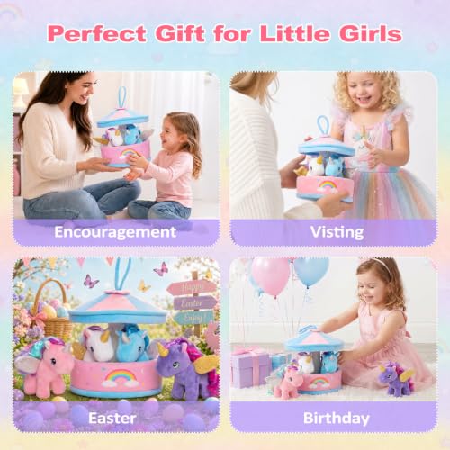 Image of OUOZZZ Unicorn Toys for Girls Stuffed Animals 4 Mini Plushies Playset | Carousel House with Handle, Gift-Ready, Travel- Friendly