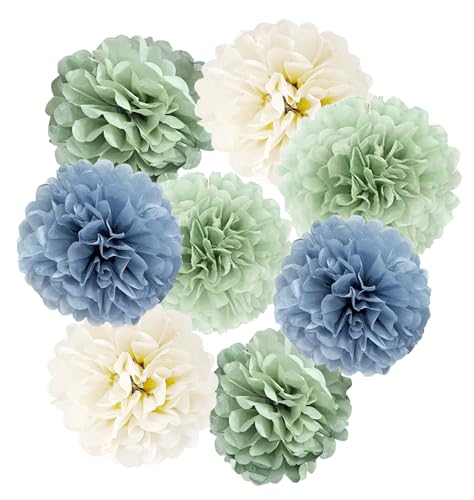Image of Tissue Paper Pom Poms Kit Paper Flowers 12pieces for Baby Shower Wedding Bridal Bachelorette Birthday Party Decorations (Dusty Blue + Pastel Sage Green)