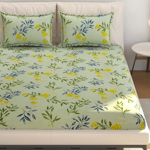 Image of SEJ by Nisha Gupta Bedsheet for Double Bed with Pillow Cover | 300 Tc Cotton Feel Microfibre Floral Printed Soft Bed Sheet & Wrinkle Free | Perfect for Home Decor | Size 230 X 240 Cm Green