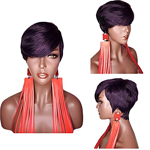 SAGA QUEEN Pixie Cut Wig perücke kurz für Frauen Gemischtes Schwarzviolett Farbe perücke echthaar brasilianische Gerade Pixie Perücken echthaar perücke kurz Cover