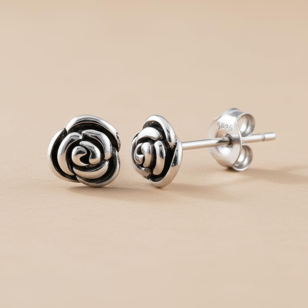 Sterling Silver Rose Flower Stud Earrings - 7mm