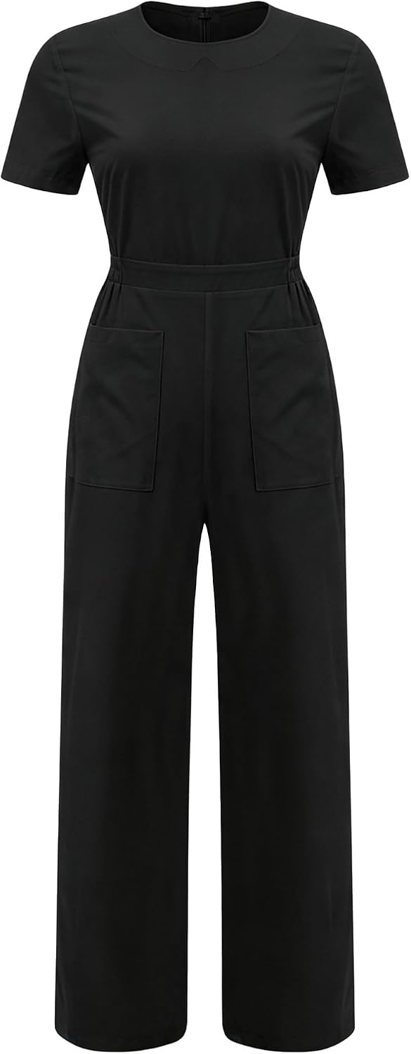 FEESHOW Women Mechanic Jumpsuit Short Sleeve Scrub Rompers | Beauty Service Worker,Work Jumpsuit,Dentist Work Clothing,with Pockets,Hospital Workwear,Soft Lightweight,Cotton Lightweight