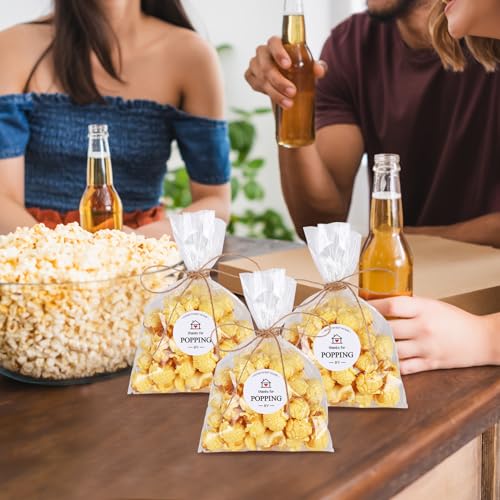 Image of 100 Set Housewarming Sticker Clear Popcorn Favor Bags Thanks for Popping by Popcorn Bags with Jute String Treat Bags for Housewarming Open house Party