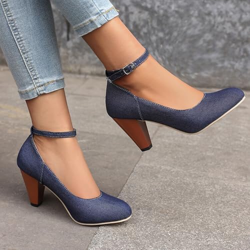 Alyaafifa High Heel Ankle Strap Denim Pumps for Women Closed Round Toe Chunky Heel Mary Janes Comfortable 3 Inch Dress Shoes with Bowknot Party Event Office Working Prom2
