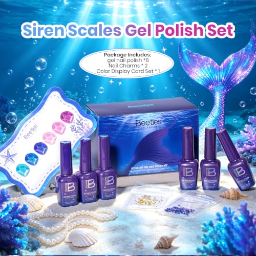 Image of Beetles Glitter Gel Nail Polish Set, Siren Scale Shimmer Gel Polish, 6 Colors 9ml UV LED Soak Off Blue Pink Purple Mermaid Nail Art Set with Rhinestones & Swatch Card